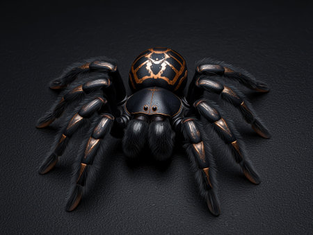 Closeup of a black tarantula with gold accentsの素材
