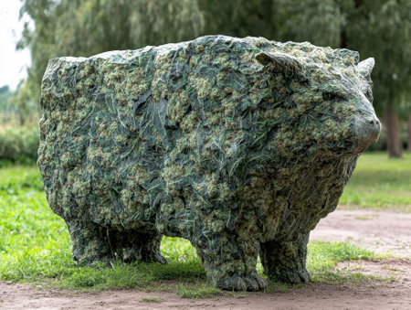 Unique green sculpture of a cow covered in leavesの素材
