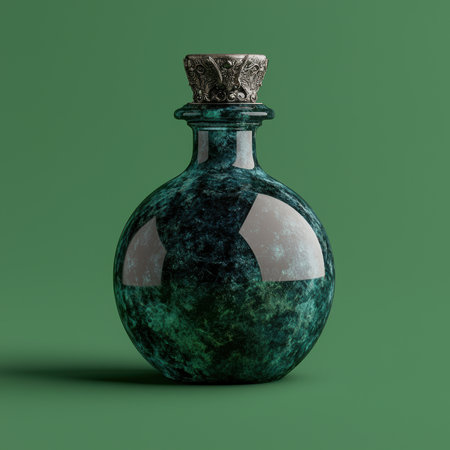 Dark green glass bottle with ornate silver capの素材