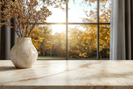 Dried flowers in vase on marble table against autumn windowの素材