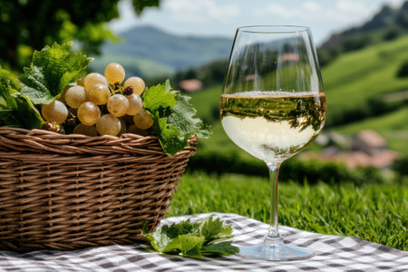 Glass of white wine and grapes on a picnic blanketの素材