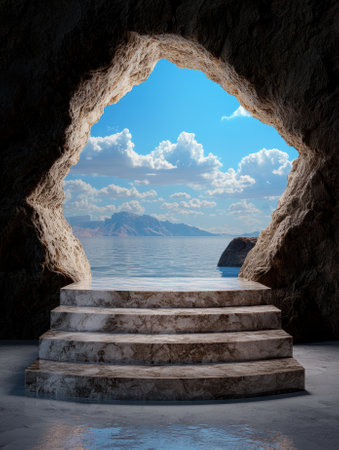 Stone steps leading to a tranquil ocean view from a caveの素材