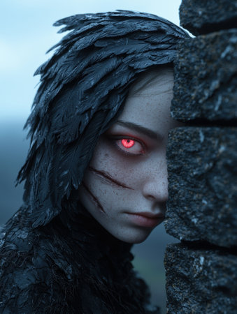 Mysterious woman with glowing red eyes hiding behind a stone wallの素材
