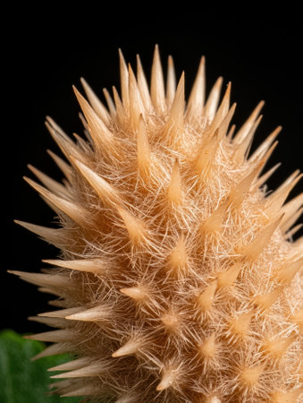 Close-up of a spiky, light brown plant seed headの素材