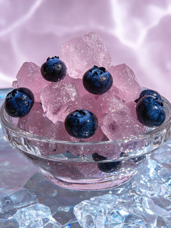 Close-up of blueberries in a glass bowl with pink ice cubesの素材