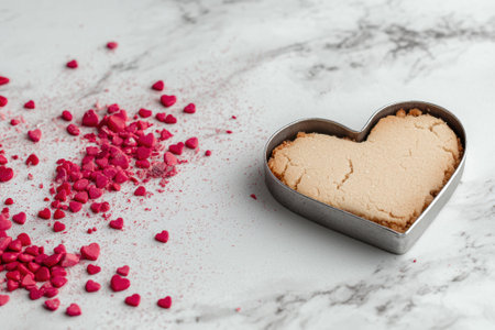 Heart-shaped cookie and sprinkles on marble backgroundの素材