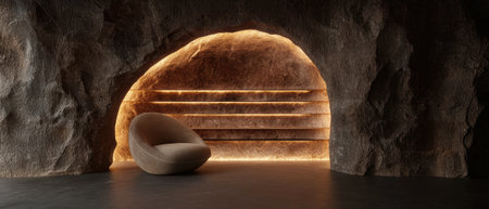 Modern chair in a cave-like setting with warm lightingの素材
