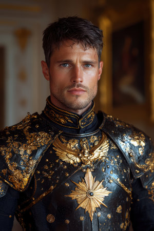 Portrait of a man in ornate gold and black armorの素材