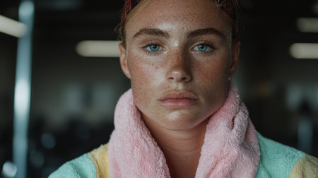 Close-up portrait of a sweaty woman after a workout, wearing a pastel bathrobe.の素材