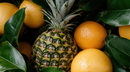 Fresh pineapple and oranges surrounded by lush green leavesの素材