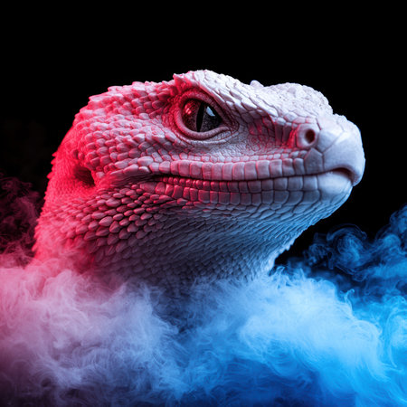 Close-up of a lizard with red and blue smokeの素材
