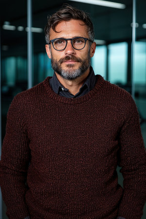 Portrait of a man in a brown sweaterの素材