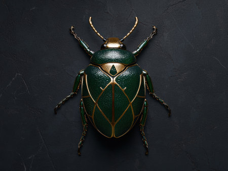 Green and gold beetle on dark backgroundの素材