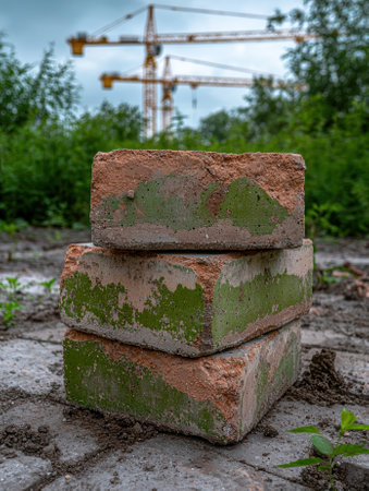 Three weathered bricks stacked on a construction siteの素材