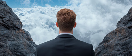 Businessman standing at the edge of a cliff looking out at the cloudsの素材