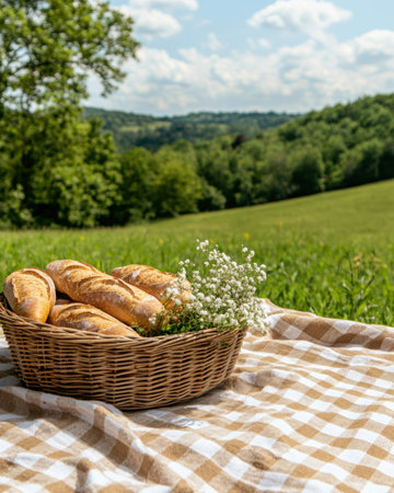 A wicker basket of freshly baked bread sits on a checkered picnic blanket in a lush green field.の素材