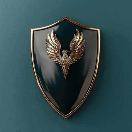 Golden phoenix emblem on a dark shieldの素材
