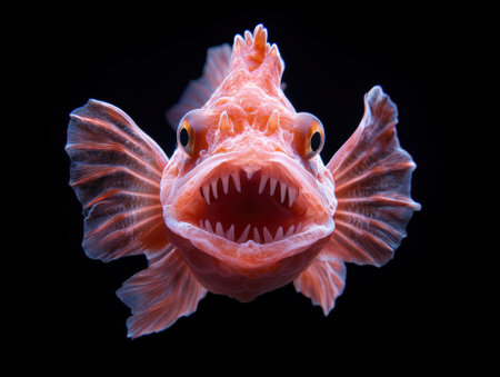 Close-up of a red fish with large teethの素材