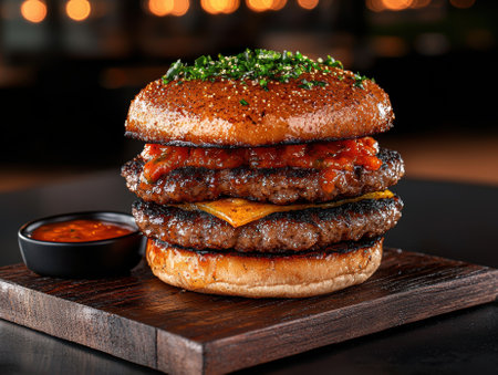 Juicy double cheeseburger with sauce on wooden boardの素材