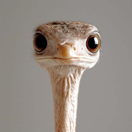 Closeup of a baby ostrich chick looking directly at the cameraの素材