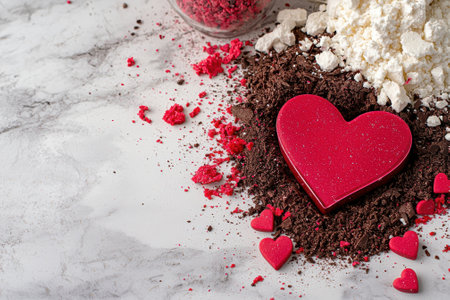 Heart-shaped chocolate nestled in a bed of chocolate shavings and meringueの素材