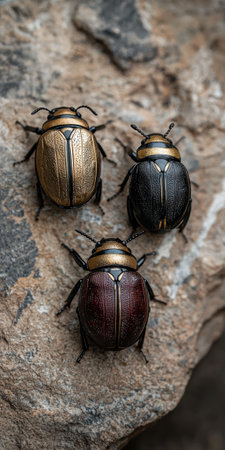 Three metallic beetles on a rockの素材