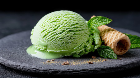 Close-up of a scoop of refreshing green tea ice cream with a wafer cone and mint leavesの素材