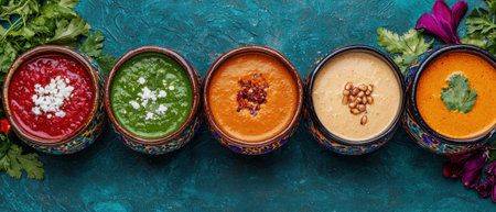 Five bowls of colorful dips arranged in a rowの素材