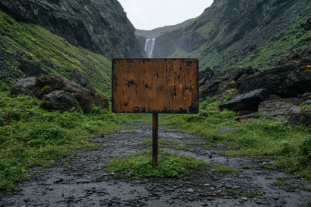 Blank weathered signpost on a mountain pathの素材