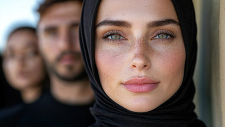 Close-up portrait of a young woman wearing a hijab, with two blurred figures in the backgroundの素材