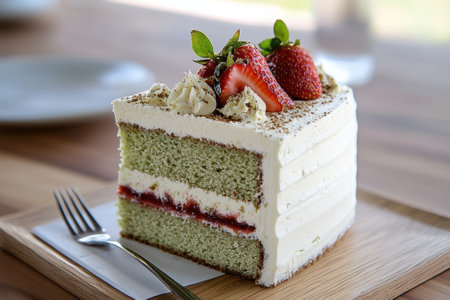 Delicious slice of pistachio cake with strawberriesの素材