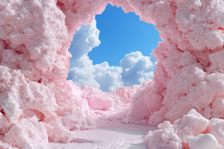 Pink fluffy landscape with a blue sky and cloudsの素材