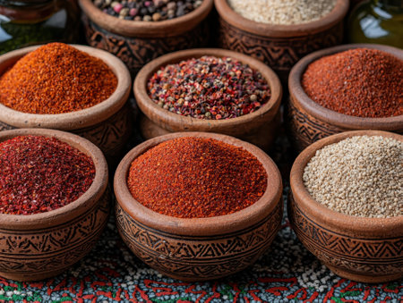 Assortment of spices in rustic bowlsの素材