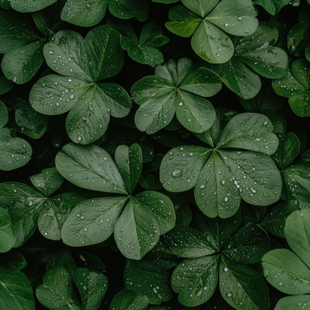 Close-up of lush green leaves with water dropletsの素材