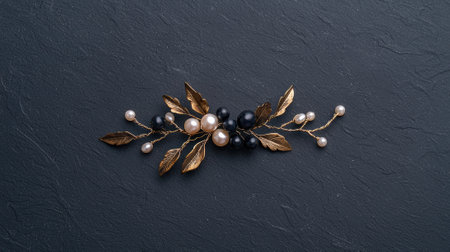 Elegant gold hair accessory with pearls and dark beadsの素材