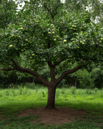 Apple tree laden with green apples in a grassy fieldの素材