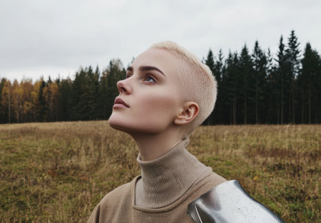 Young woman with short blonde hair looking up in a fieldの素材