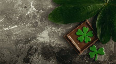 Chocolate squares with four-leaf clovers and green leavesの素材