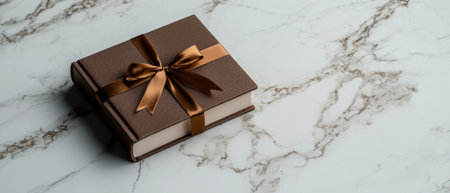Brown gift box with ribbon on marble surfaceの素材