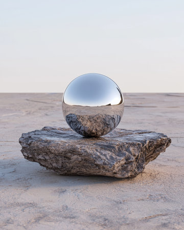 Silver sphere on a rock in a desert landscapeの素材