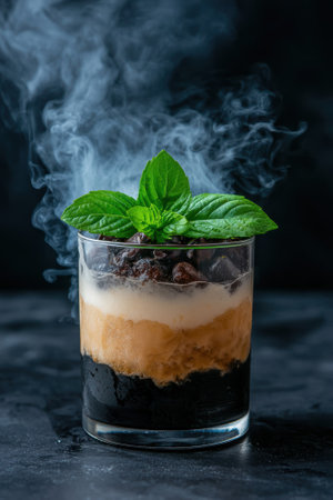 Layered coffee cocktail with ice cubes and mint garnishの素材