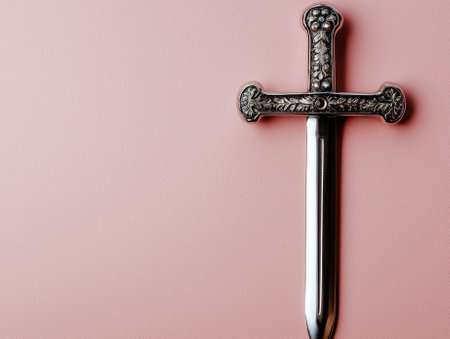 Ornate silver sword on pink backgroundの素材