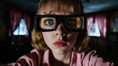 Close-up portrait of a young woman wearing large glasses, looking surprisedの素材