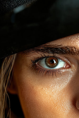 Closeup of a woman's eye with brown iris and long eyelashesの素材