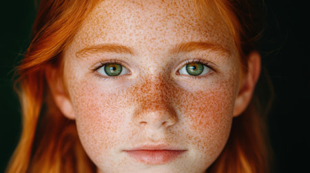 Close-up portrait of a girl with freckles and green eyesの素材