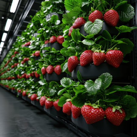 Vertical farming of strawberries in a modern greenhouseの素材
