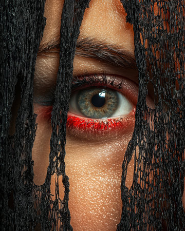 Closeup of a woman's eye peering through a torn black lace veilの素材