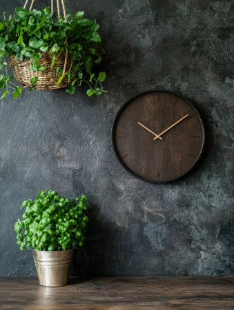 Dark wall with hanging plant, potted herb, and clockの素材