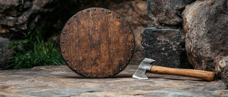 Medieval wooden shield and axe on stone backgroundの素材