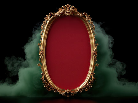 Ornate gold frame with red velvet background and green smokeの素材